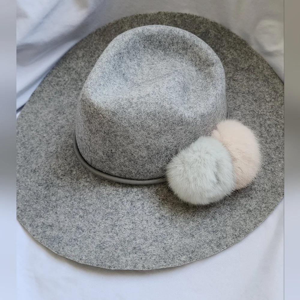 Gray Felt Hat with Pom Poms - Picture 1 of 4